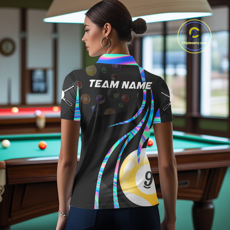 Back view of woman wearing a holographic 8 ball and 9 ball pool shirt in a billiards hall.