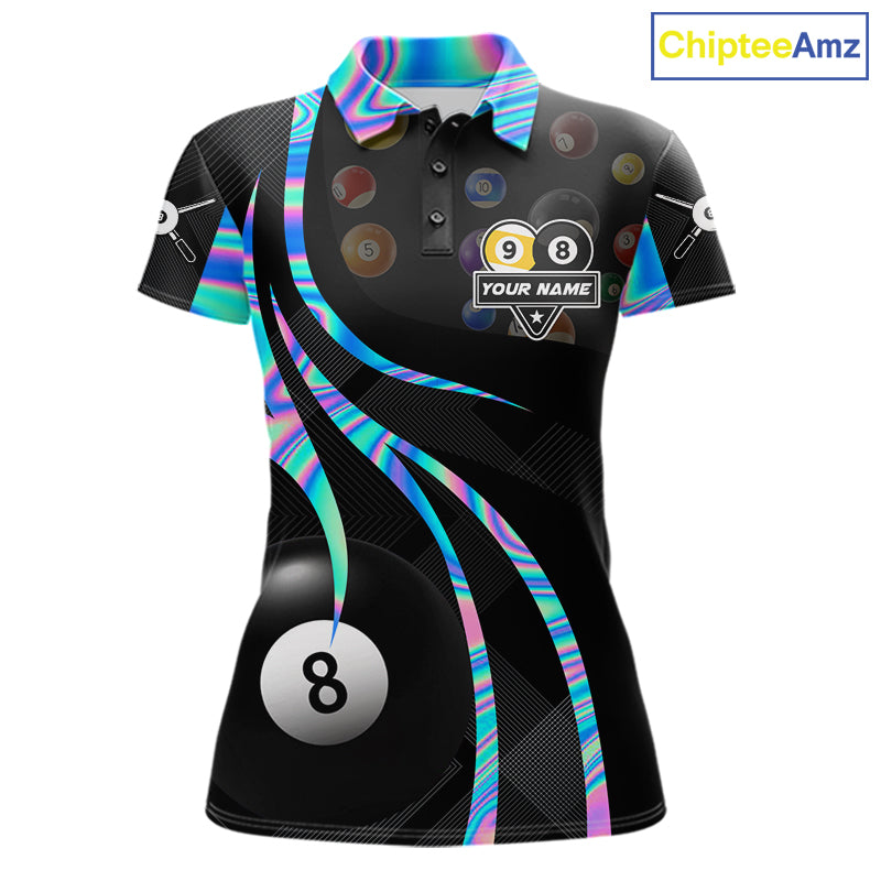 Holographic 8 ball and 9 ball billiard polo shirt for women with custom pool team graphics.