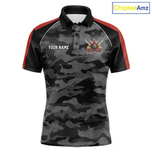 Load image into Gallery viewer, Grey camouflage American flag 8 ball billiard polo shirt for men with custom pool team graphics.