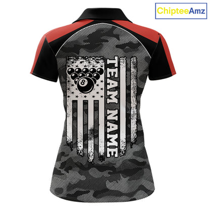 Grey camouflage American flag 8 ball billiard polo shirt for women with custom pool team graphics.
