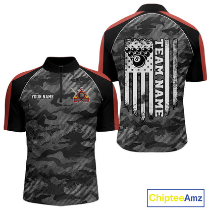 Grey camouflage American flag 8 ball billiard quarter zip shirt for men designed for league tournaments and team events.