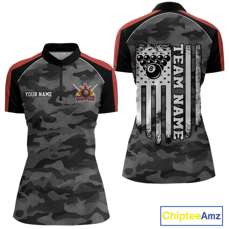 Grey camouflage American flag 8 ball billiard quarter zip shirt for women designed for league tournaments and team events.