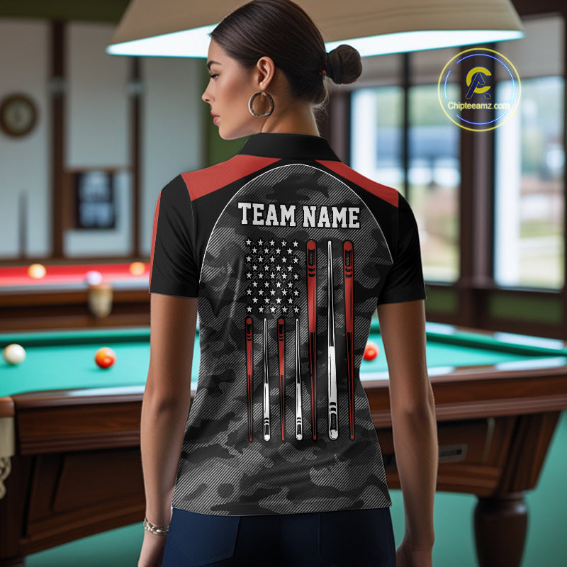 Back view of woman wearing a red camo American flag pool shirt in a billiards hall.