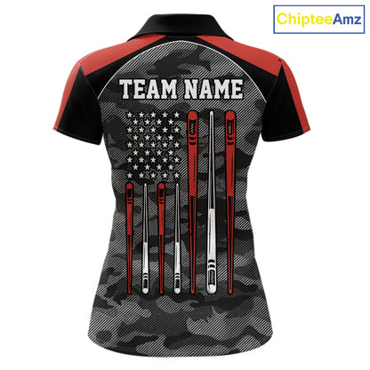 Red camouflage American flag 8 ball billiard polo shirt for women with custom pool team graphics.