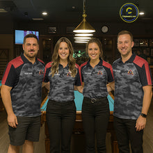 Load image into Gallery viewer, Pool team wearing matching red camouflage American flag 8 ball billiard jerseys during tournament play front view.