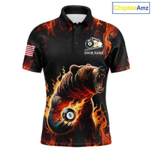 Load image into Gallery viewer, Custom funny bear 8 ball and 9 ball pool fire flame billiard team jersey polo shirt for men featuring a colorful flaming bear design, premium custom pool league apparel for tournaments.