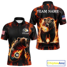 Load image into Gallery viewer, Custom funny bear 8 ball and 9 ball pool fire flame billiard team jersey polo shirt for men featuring a colorful flaming bear design, premium custom pool league apparel for tournaments.