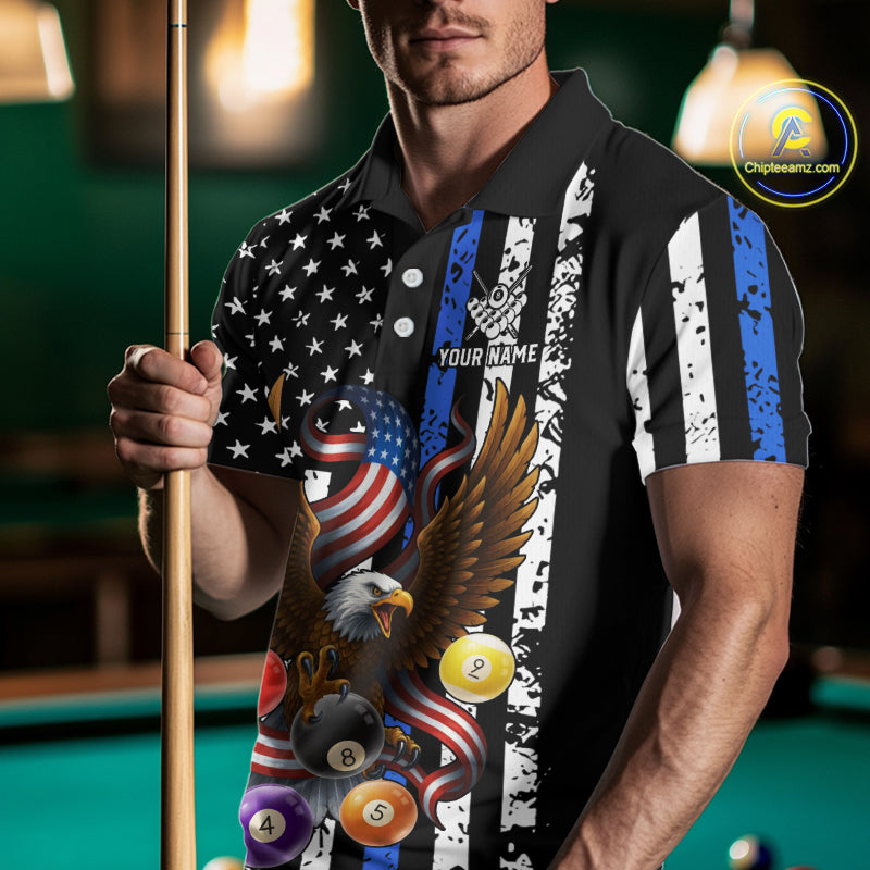 Billiard Eagle American Flag Stripes Pool Jersey For Men Custom Patriotic Billiard Team Shirt|Blue TDM4982