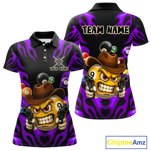 Personalized Purple Funny Flame 9 Ball Billiard Shirt For Women, Pool Team Jersey Polo & 1/4 Zip TDM4988