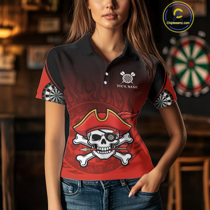 Red Black Funny Pirate Flame Skull Darts Shirt For Women Custom Dart Jerseys Team Polo & 1/4 Zip TDM5177