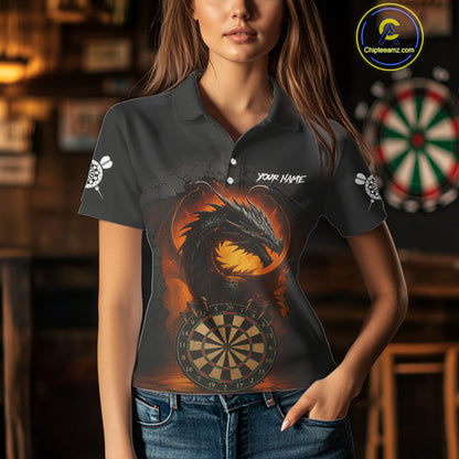 Personalized Black Grey Dragon Darts Shirt For Women Custom Fire Dart Jersey Team Polo & 1/4 Zip TDM5179