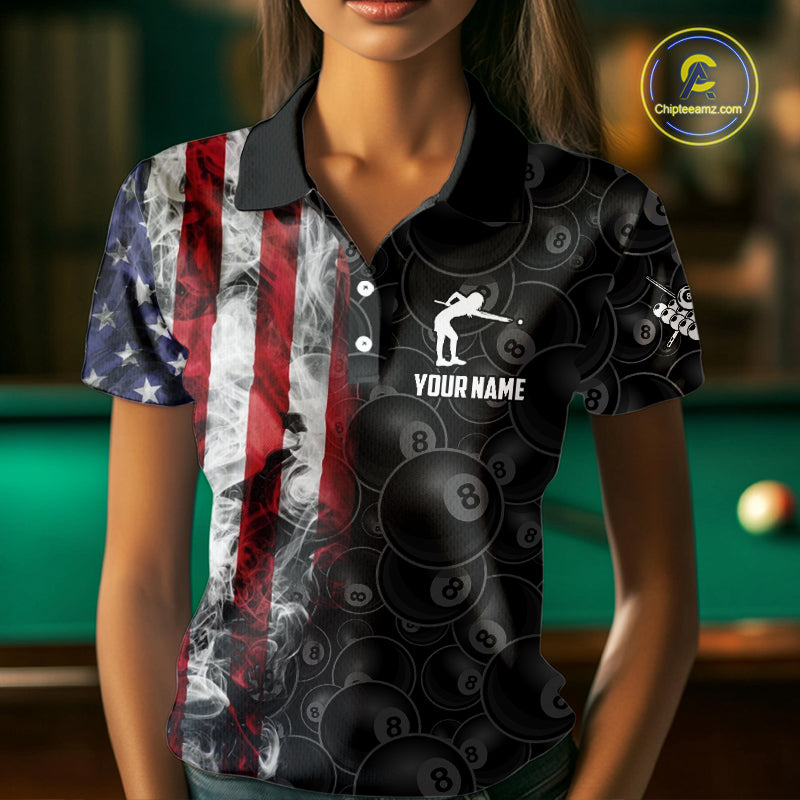 Personalized Smoke American Flag 8 Ball Billiard Shirts For Women Custom Patriotic Pool Team Jerseys TDM5430