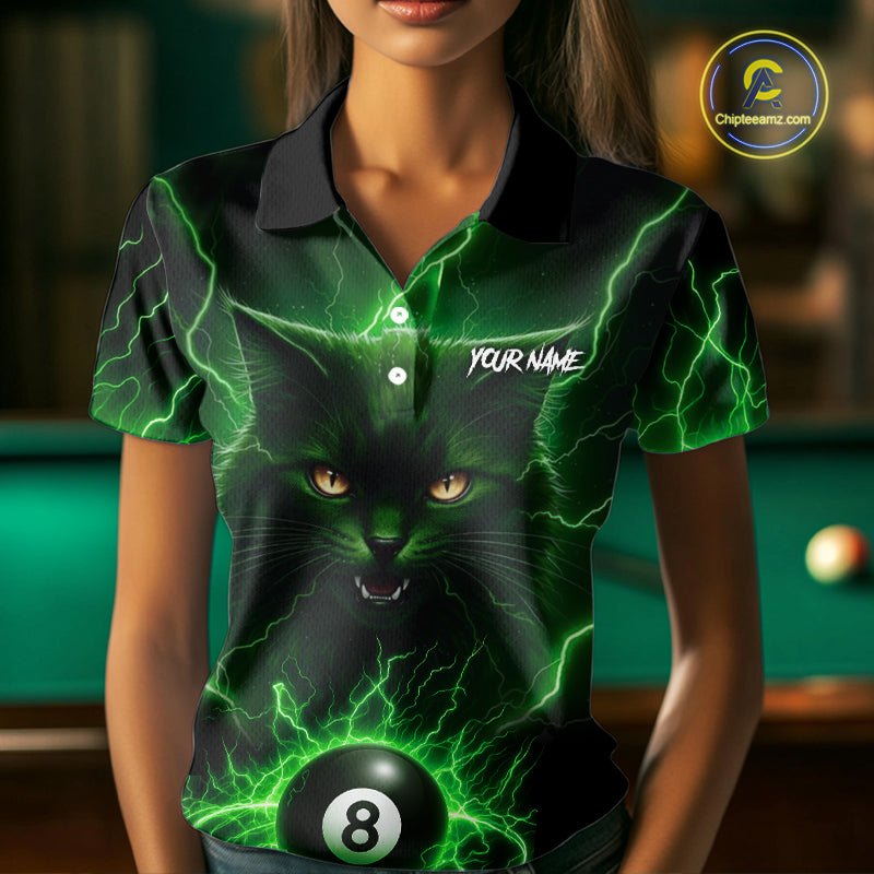 Green 8 Ball Thunder Lightning Cat Billiard Shirt For Women Custom Pool Team Jersey Polo & 1/4 Zip TDM5696