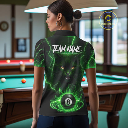 Green 8 Ball Thunder Lightning Cat Billiard Shirt For Women Custom Pool Team Jersey Polo & 1/4 Zip TDM5696