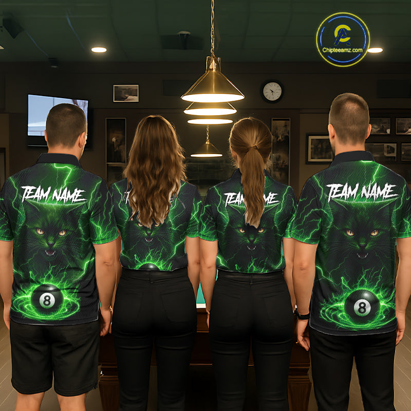 Green 8 Ball Thunder Lightning Cat Billiard Shirt For Men Custom Pool Team Jersey Polo & 1/4 Zip TDM5696
