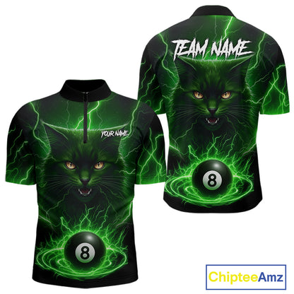 Green 8 Ball Thunder Lightning Cat Billiard Shirt For Men Custom Pool Team Jersey Polo & 1/4 Zip TDM5696