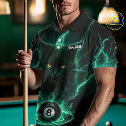 Turquoise 8 Ball Lightning Cat Billiard Shirt For Men Custom Pool Team Jersey Polo & 1/4 Zip TDM5697