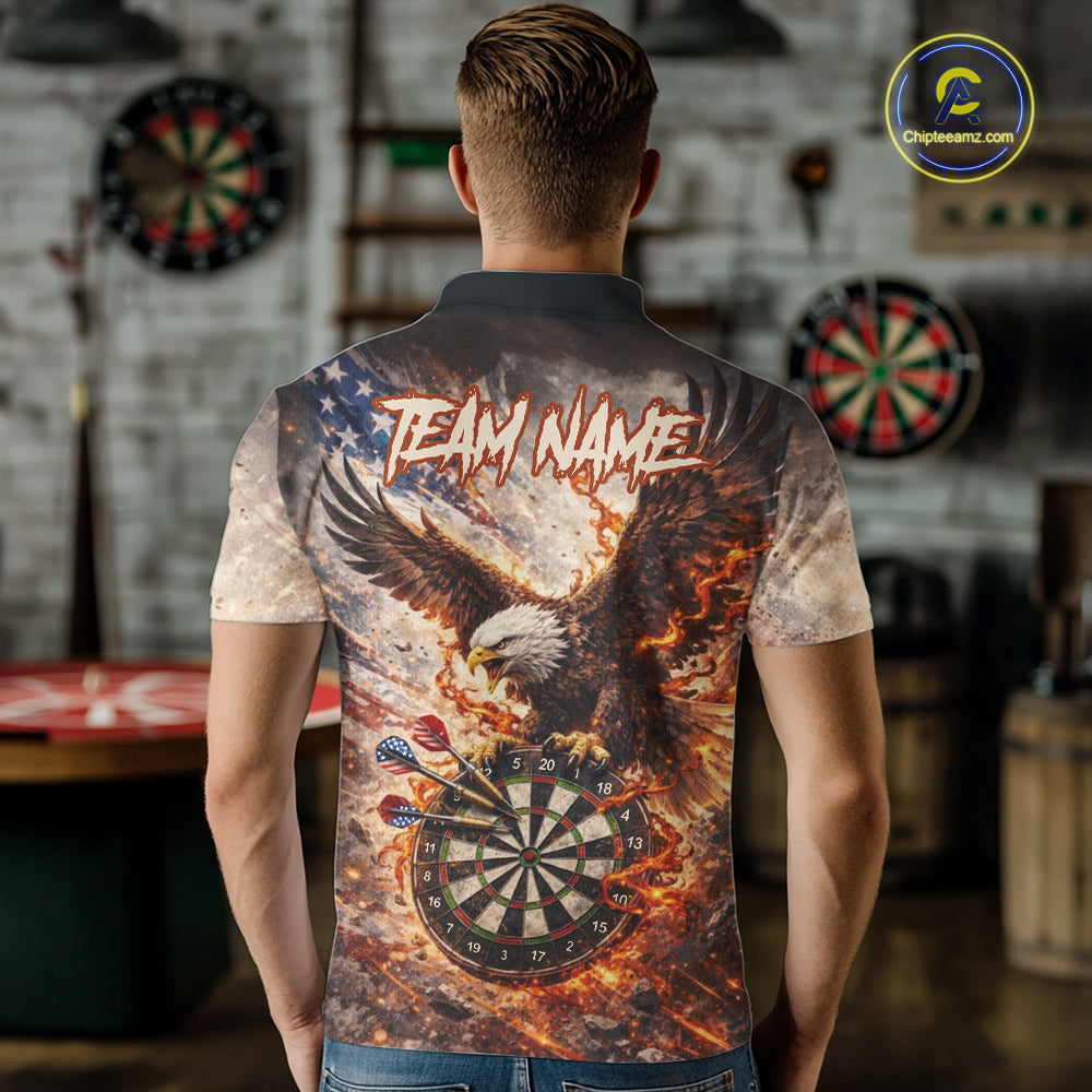 Personalized Grunge Fire Eagle Darts Shirt For Men, Patriotic Darts Jersey Team Polo & 1/4 Zip TDM5911