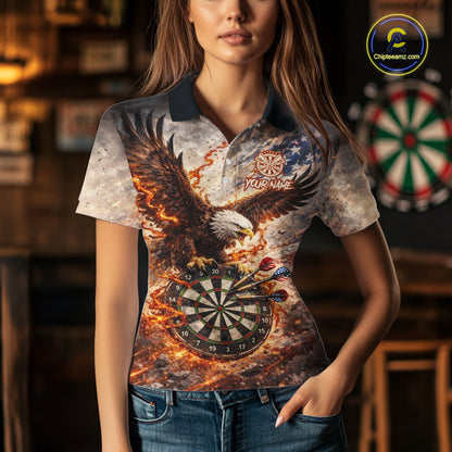 Personalized Grunge Fire Eagle Darts Shirt For Women, Patriotic Darts Jersey Team Polo & 1/4 Zip TDM5911