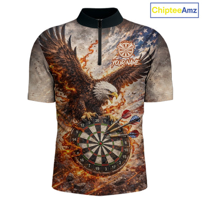 Personalized Grunge Fire Eagle Darts Shirt For Men, Patriotic Darts Jersey Team Polo & 1/4 Zip TDM5911