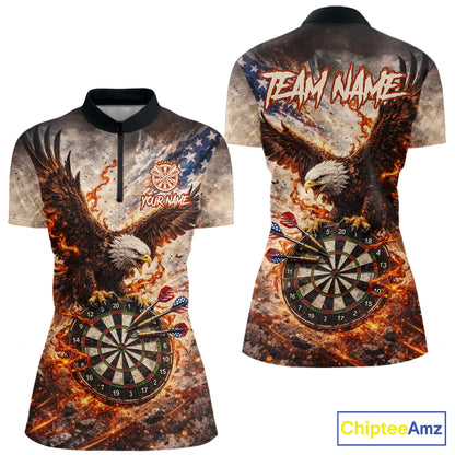 Personalized Grunge Fire Eagle Darts Shirt For Women, Patriotic Darts Jersey Team Polo & 1/4 Zip TDM5911