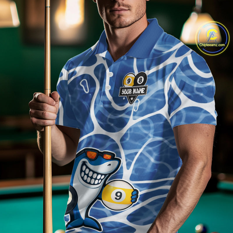 Blue Funny Shark 8 Ball & 9 Ball Billiard Shirt For Men Custom Pool Team Jersey Polo & 1/4 Zip TDM6056