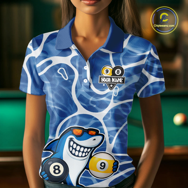 Blue Funny Shark 8 Ball & 9 Ball Billiard Shirt For Women Custom Pool Team Jersey Polo & 1/4 Zip TDM6056