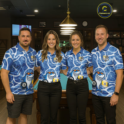 Blue Funny Shark 8 Ball & 9 Ball Billiard Shirt For Men Custom Pool Team Jersey Polo & 1/4 Zip TDM6056