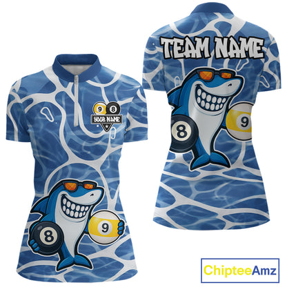 Blue Funny Shark 8 Ball & 9 Ball Billiard Shirt For Women Custom Pool Team Jersey Polo & 1/4 Zip TDM6056