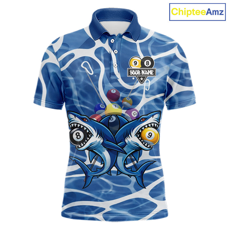 Blue Funny Shark 9 Ball & 8 Ball Billiard Shirt For Men Custom Pool Team Jersey Polo & 1/4 Zip TDM6057