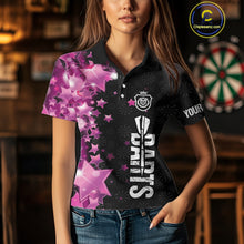 Load image into Gallery viewer, Pink And Black Custom Star Dart Shirts For Women, Glowing Dart Jerseys Funny Darts Team Shirts TDM3884