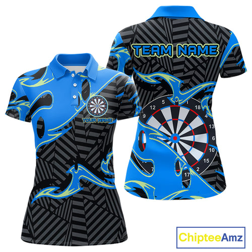 Custom Black And Blue Tribal Flame Dart Shirts For Women, Darts Team Jerseys Polo & Quarter Zip TDM3970