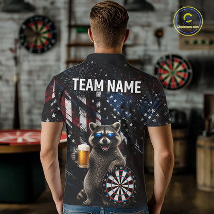 Funny Raccoon Grunge American Flag Darts Shirt For Men Custom Darts Jersey Team Polo & 1/4 Zip TDM6483