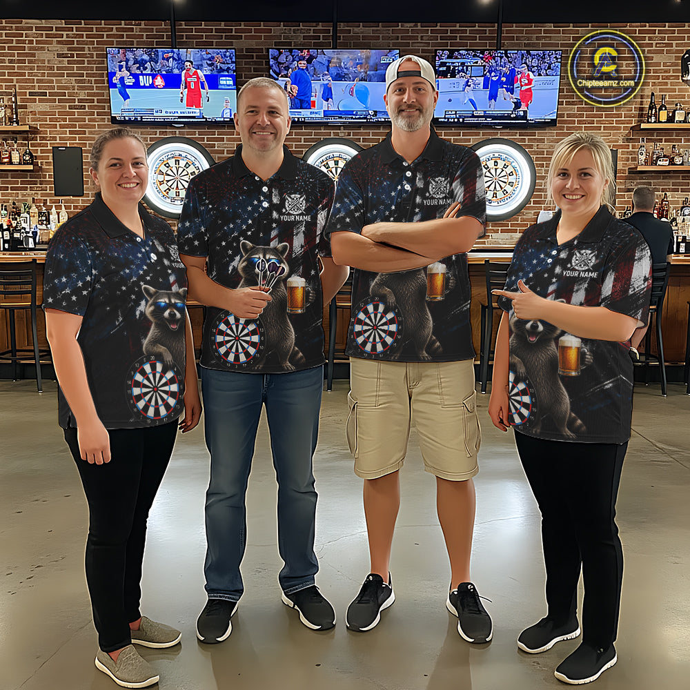 Funny Raccoon Grunge American Flag Darts Shirt For Women Custom Darts Jersey Team Polo & 1/4 Zip TDM6483