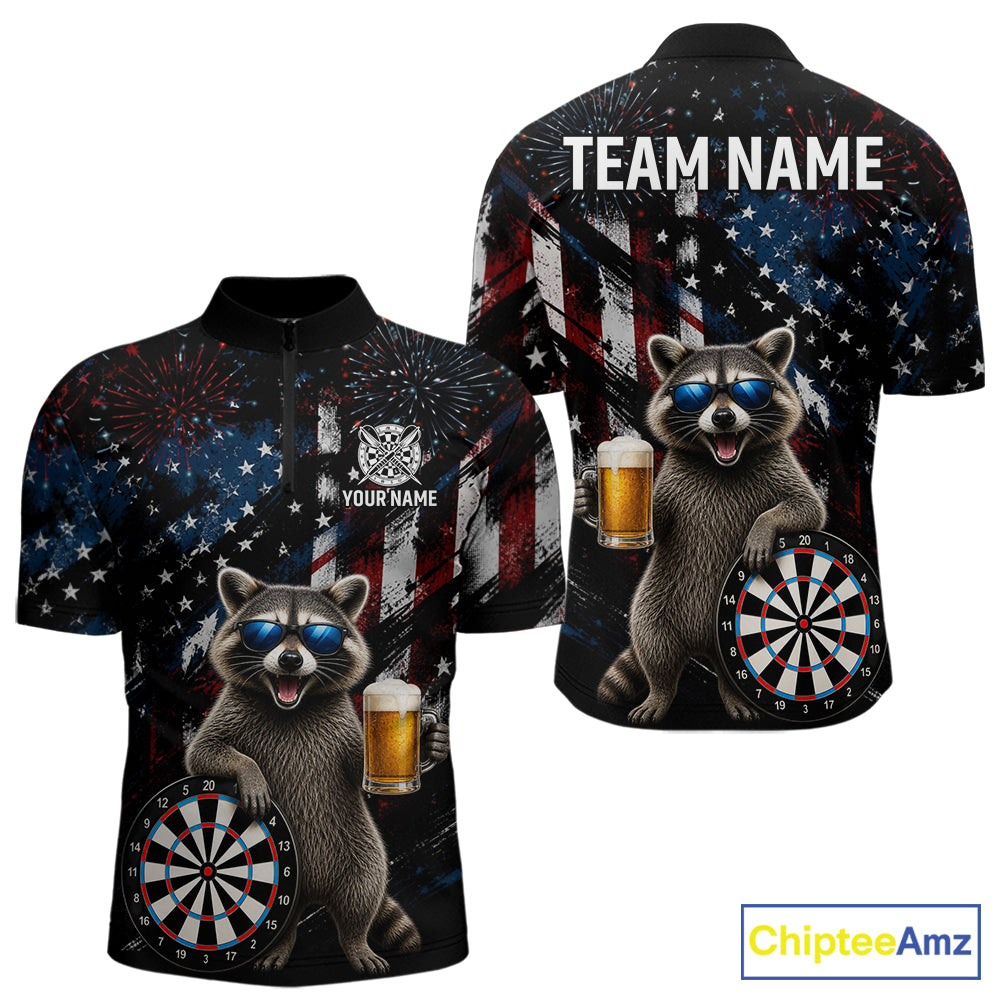 Funny Raccoon Grunge American Flag Darts Shirt For Men Custom Darts Jersey Team Polo & 1/4 Zip TDM6483