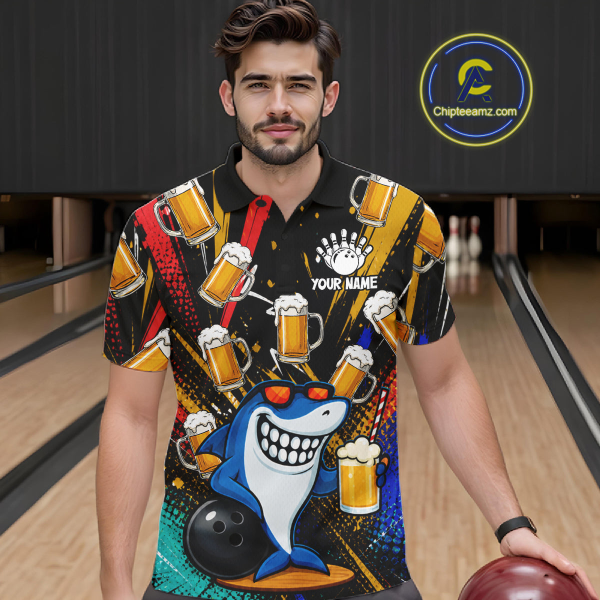 Colorful Graffiti Funny Shark And Beer Bowling Polo, 1/4 Zip For Men Custom Bowling Team Jersey TDM6488
