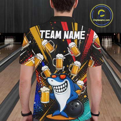 Colorful Graffiti Funny Shark And Beer Bowling Polo, 1/4 Zip For Men Custom Bowling Team Jersey TDM6488