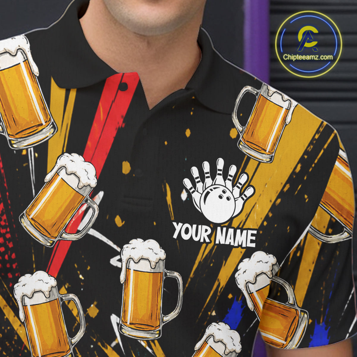 Colorful Graffiti Funny Shark And Beer Bowling Polo, 1/4 Zip For Men Custom Bowling Team Jersey TDM6488
