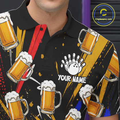 Colorful Graffiti Funny Shark And Beer Bowling Polo, 1/4 Zip For Men Custom Bowling Team Jersey TDM6488