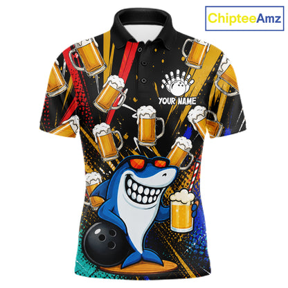 Colorful Graffiti Funny Shark And Beer Bowling Polo, 1/4 Zip For Men Custom Bowling Team Jersey TDM6488