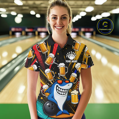 Colorful Graffiti Funny Shark And Beer Bowling Polo, 1/4 Zip For Women Custom Bowling Team Jersey TDM6488
