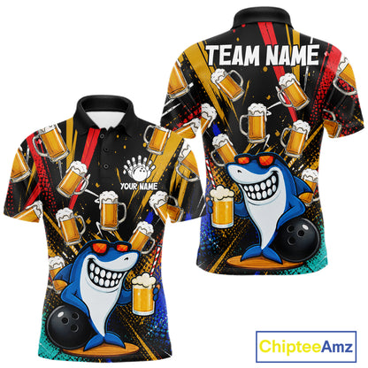 Colorful Graffiti Funny Shark And Beer Bowling Polo, 1/4 Zip For Men Custom Bowling Team Jersey TDM6488