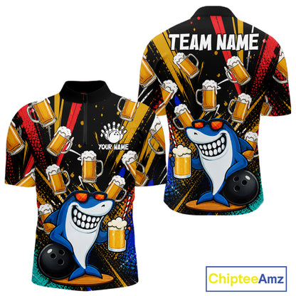 Colorful Graffiti Funny Shark And Beer Bowling Polo, 1/4 Zip For Men Custom Bowling Team Jersey TDM6488