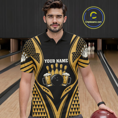 Man Wearing Black And Gold Tribal Beer Bowling Polo Shirt Front View Custom Bowling Jersey