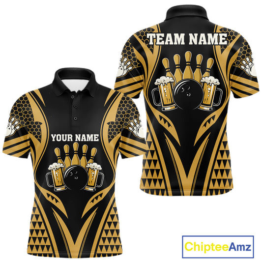 Black And Gold Tribal Beer Bowling Custom Polo Shirt For Men Bowling League Team Jersey