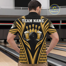 Load image into Gallery viewer, Man Wearing Black And Gold Tribal Beer Bowling Quarter Zip Shirt Back View Bowling Team Jersey