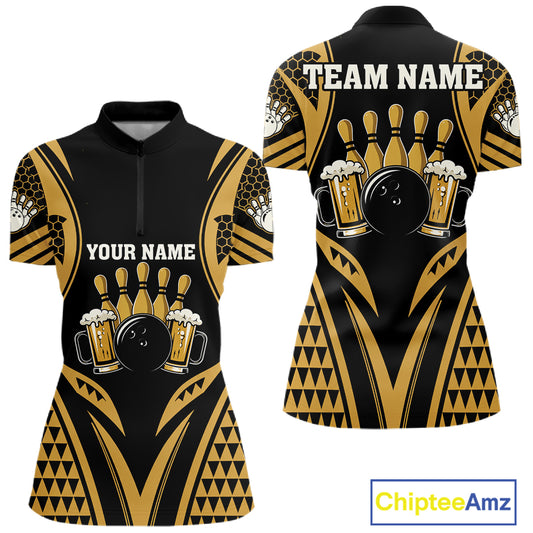 Black And Gold Tribal Beer Bowling Quarter Zip Shirt For Women Custom Bowling Team Jersey