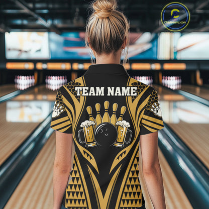 Woman Wearing Black And Gold Tribal Beer Bowling Polo Shirt Back View Bowling Team Jersey