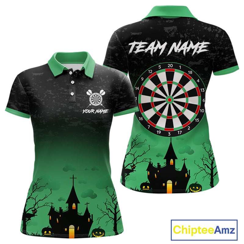 Custom Black And Green Halloween Darts Shirt For Women, Darts Jerseys Outfit Team Polo & 1/4 Zip TDM4566