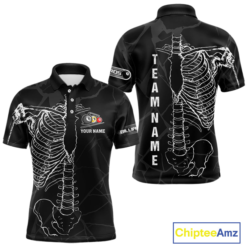White Skeleton Custom Black Grunge Billiard Shirts For Men, Funny Billiard Jerseys Short Sleeve TDM2723